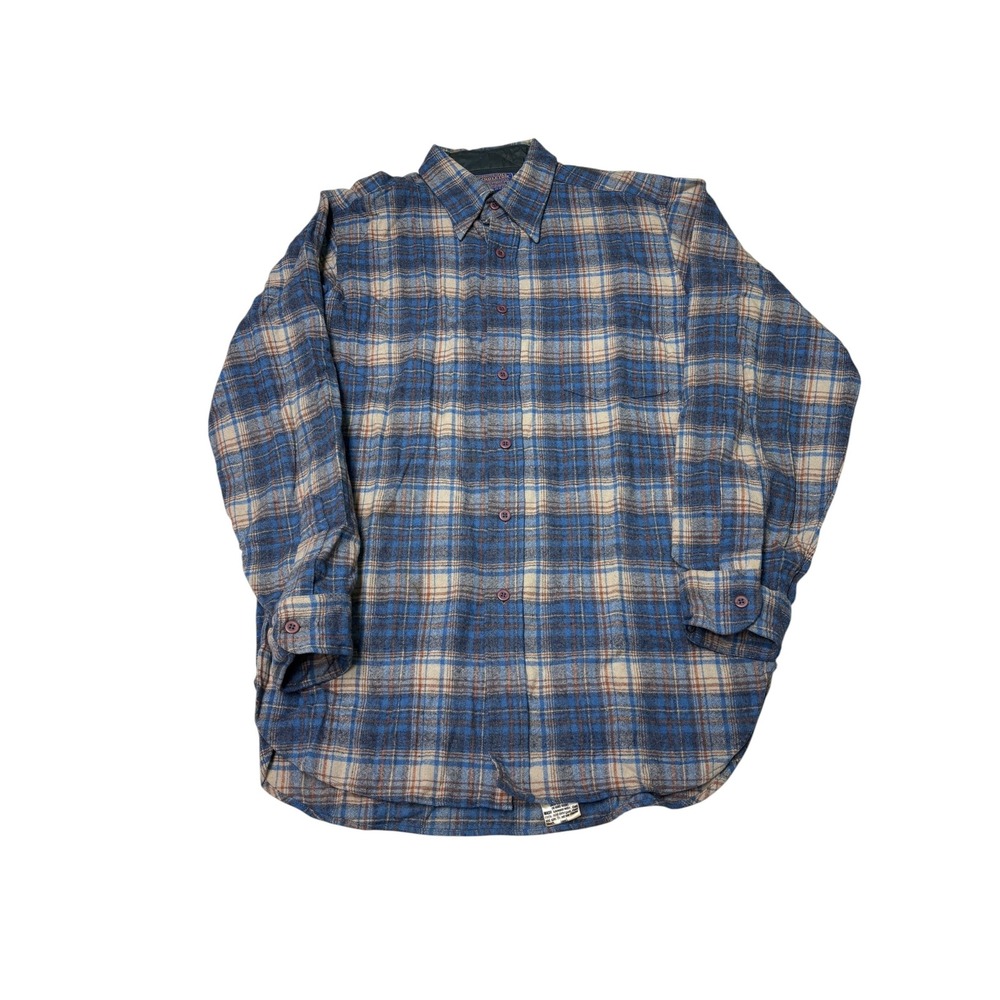 Vintage 90s Pendleton Wool Flannel Shirt Mens Medium Blue Tan Plaid Made in USA